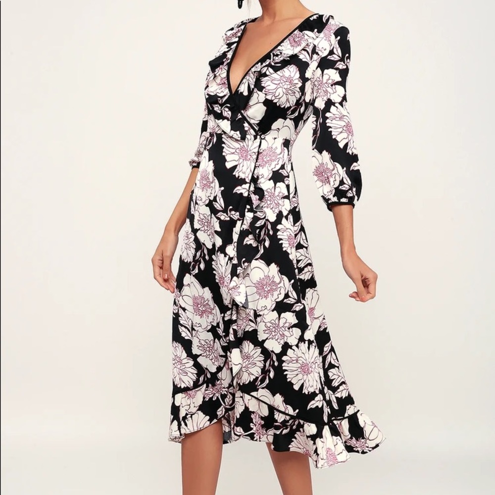 Lulus Black Floral Print Ruffled Wrap Midi Dress